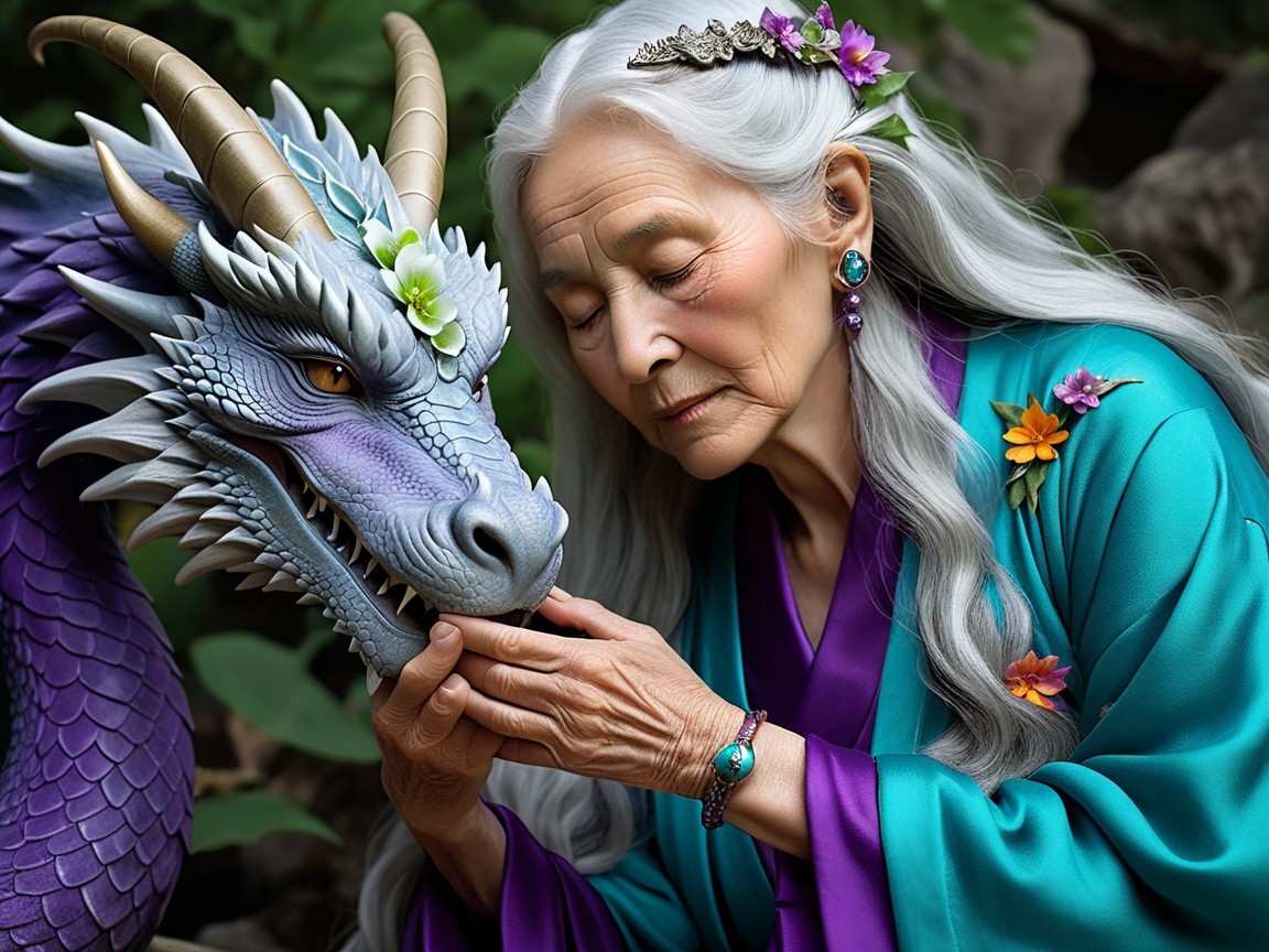 Elderly Woman and Purple Dragon in Enchanted Setting