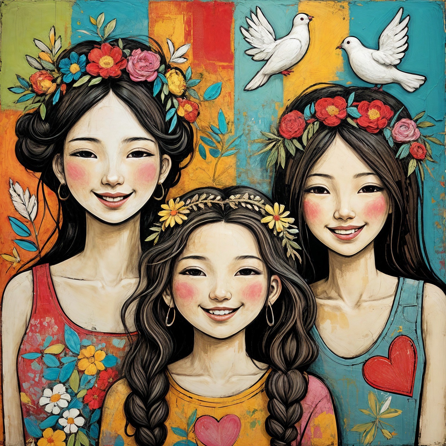 Three Young Women in Floral Crowns and Colorful Tops