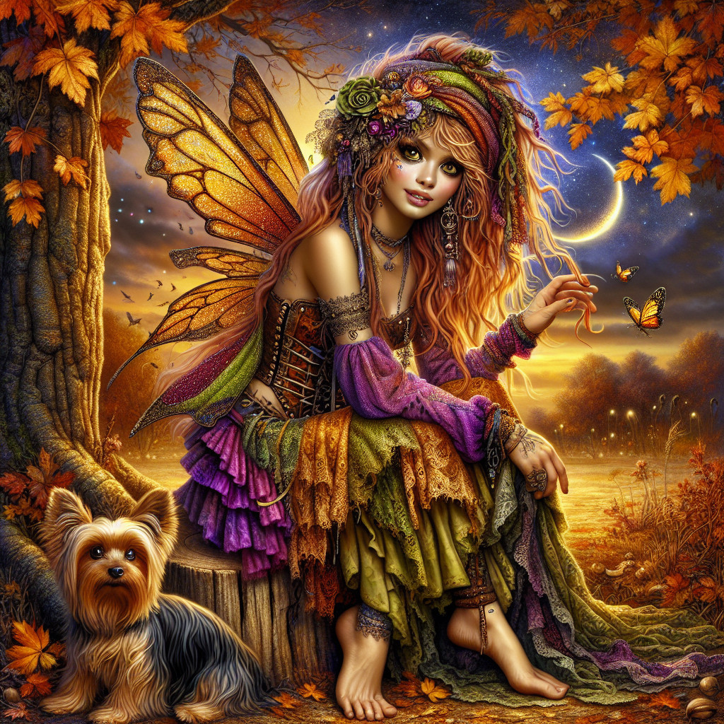 Whimsical Fairy with Vibrant Hair by a Tree