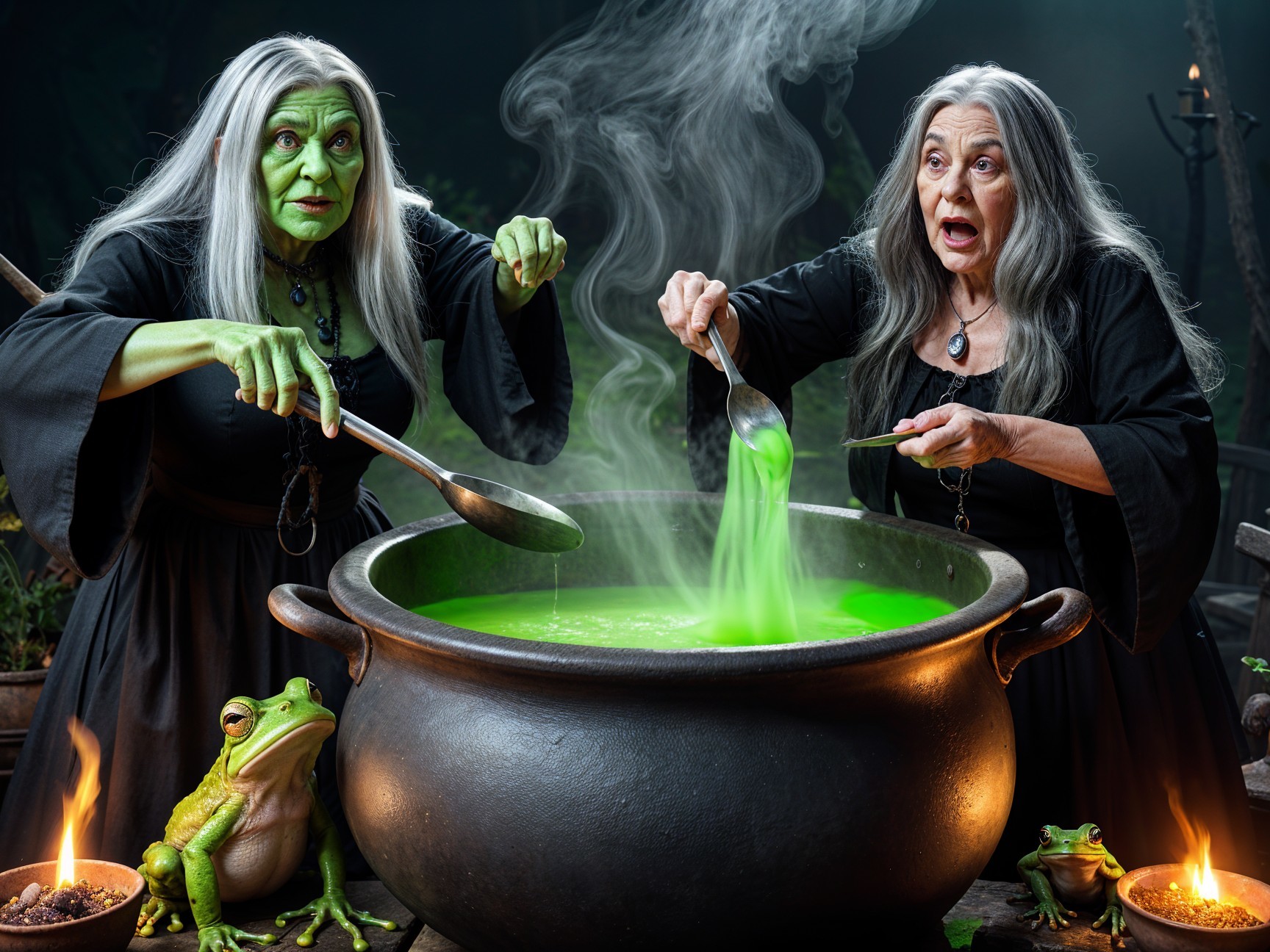 Witches Brewing Potion in Dark, Enchanting Setting