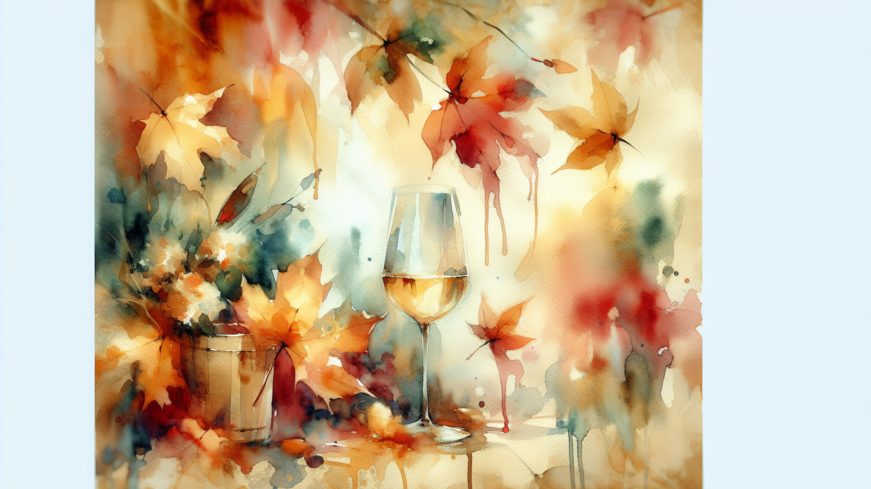 Watercolor of White Wine Among Autumn Leaves