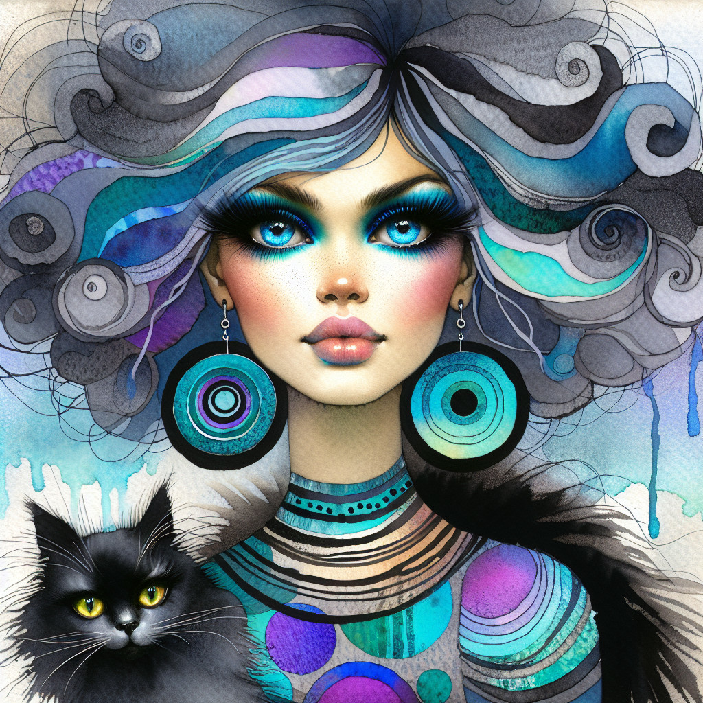 Whimsical Woman with Blue Eyes and Fluffy Black Cat