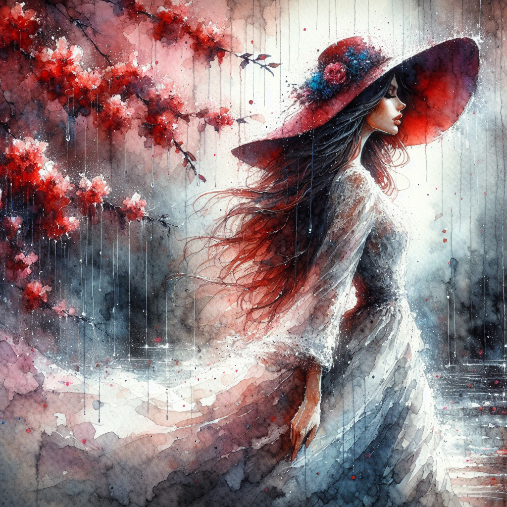 Watercolor Painting of a Woman in a Misty Landscape