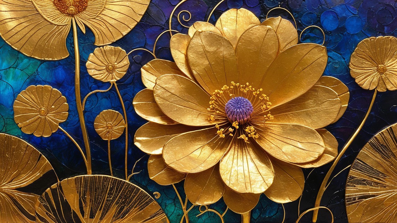 Mixed-Media Artwork with Golden Flower and Colorful Background