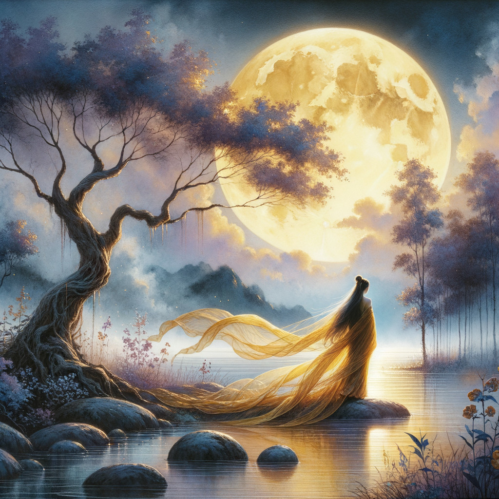 Serene Landscape with Full Moon and Tranquil Waters