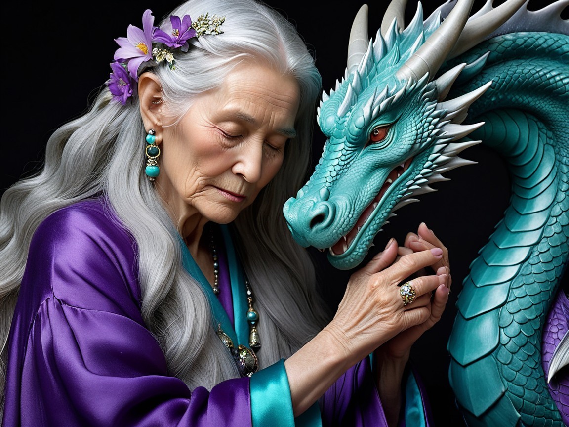 Elderly Woman and Turquoise Dragon in Mystical Setting