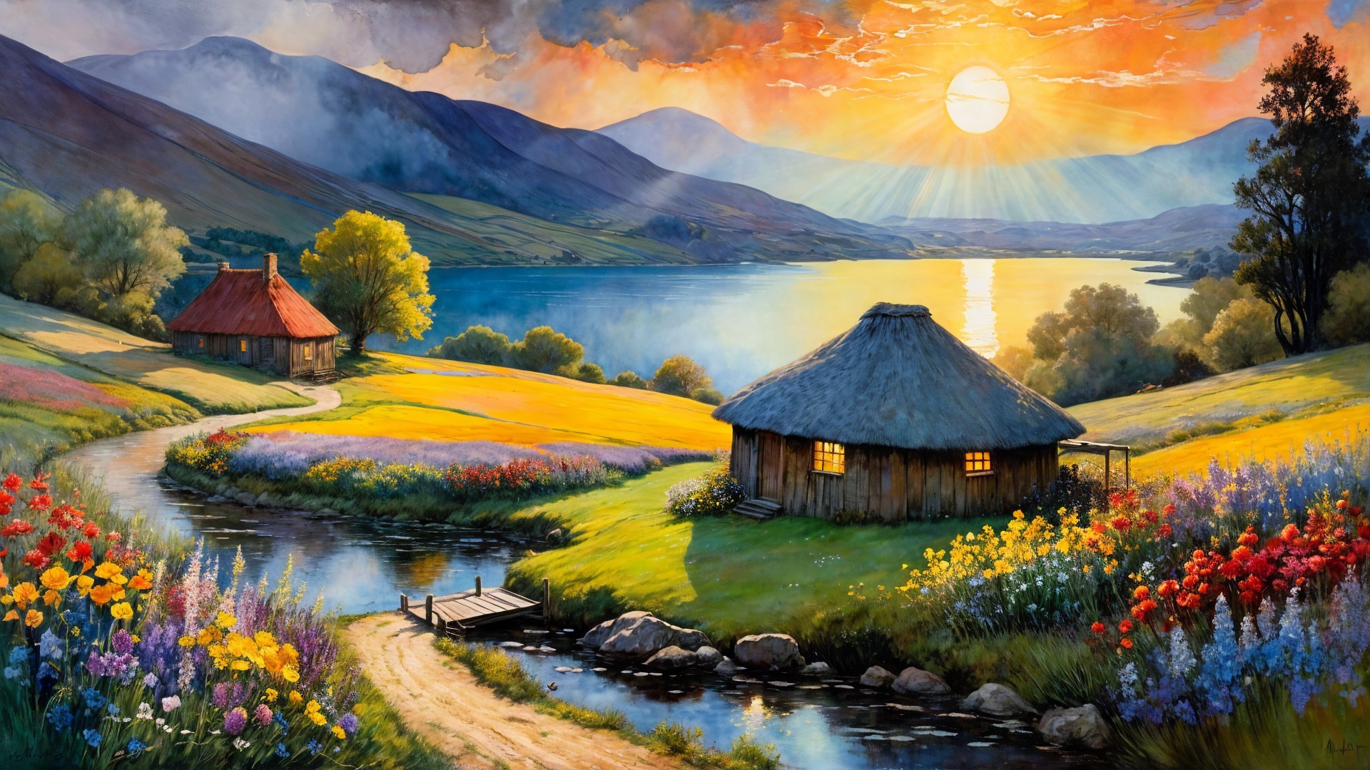 Picturesque Sunrise Landscape with Cottages and Lake