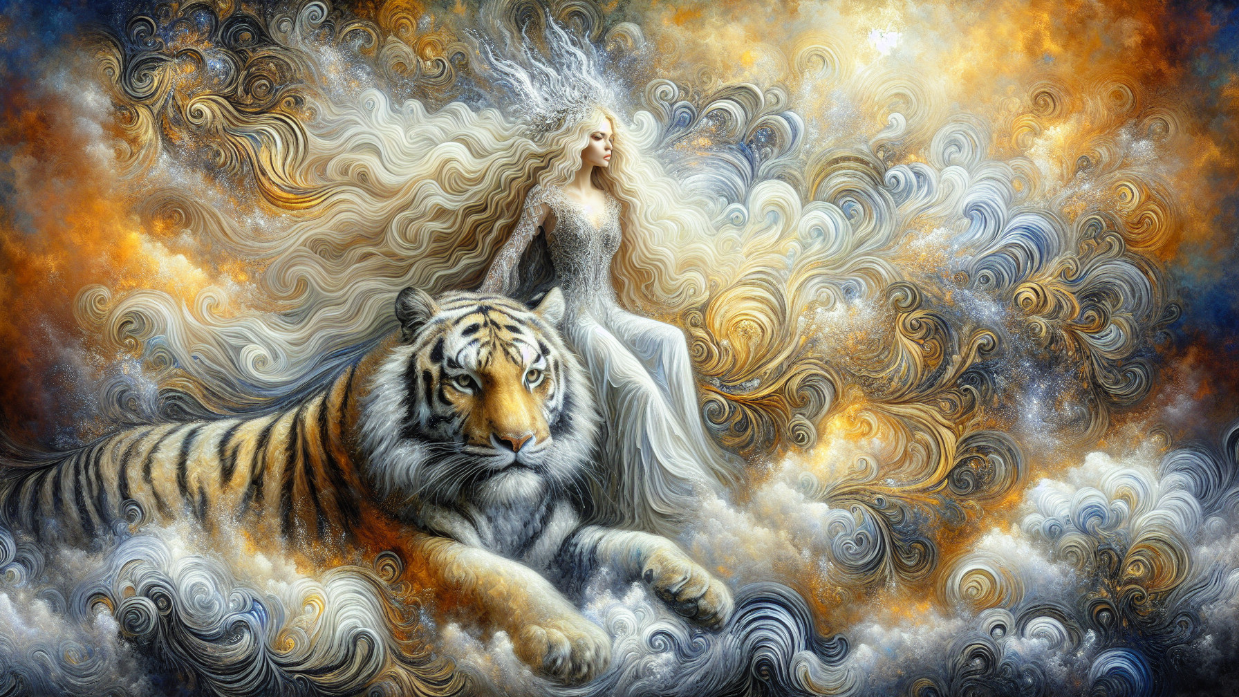 Majestic tiger and ethereal woman in dreamlike scene