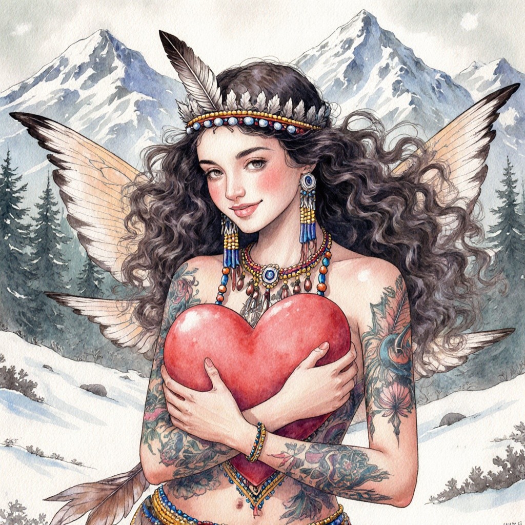 Mystical Woman in Snowy Landscape with Wings and Heart