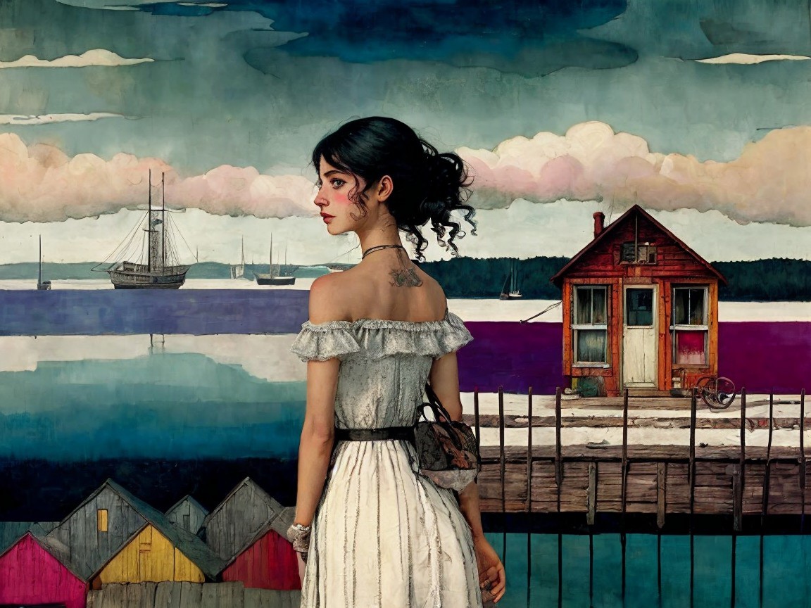 Young woman in white dress by water with colorful houses