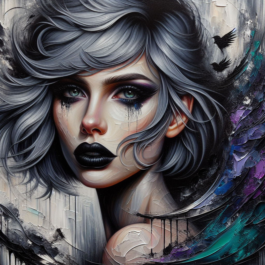 Portrait of a woman with silver hair and bold makeup