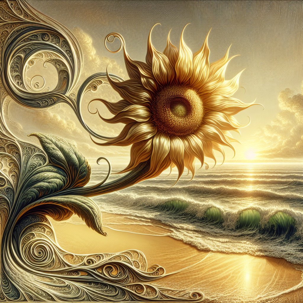 Surreal Sunflower Scene at Sunset Beach