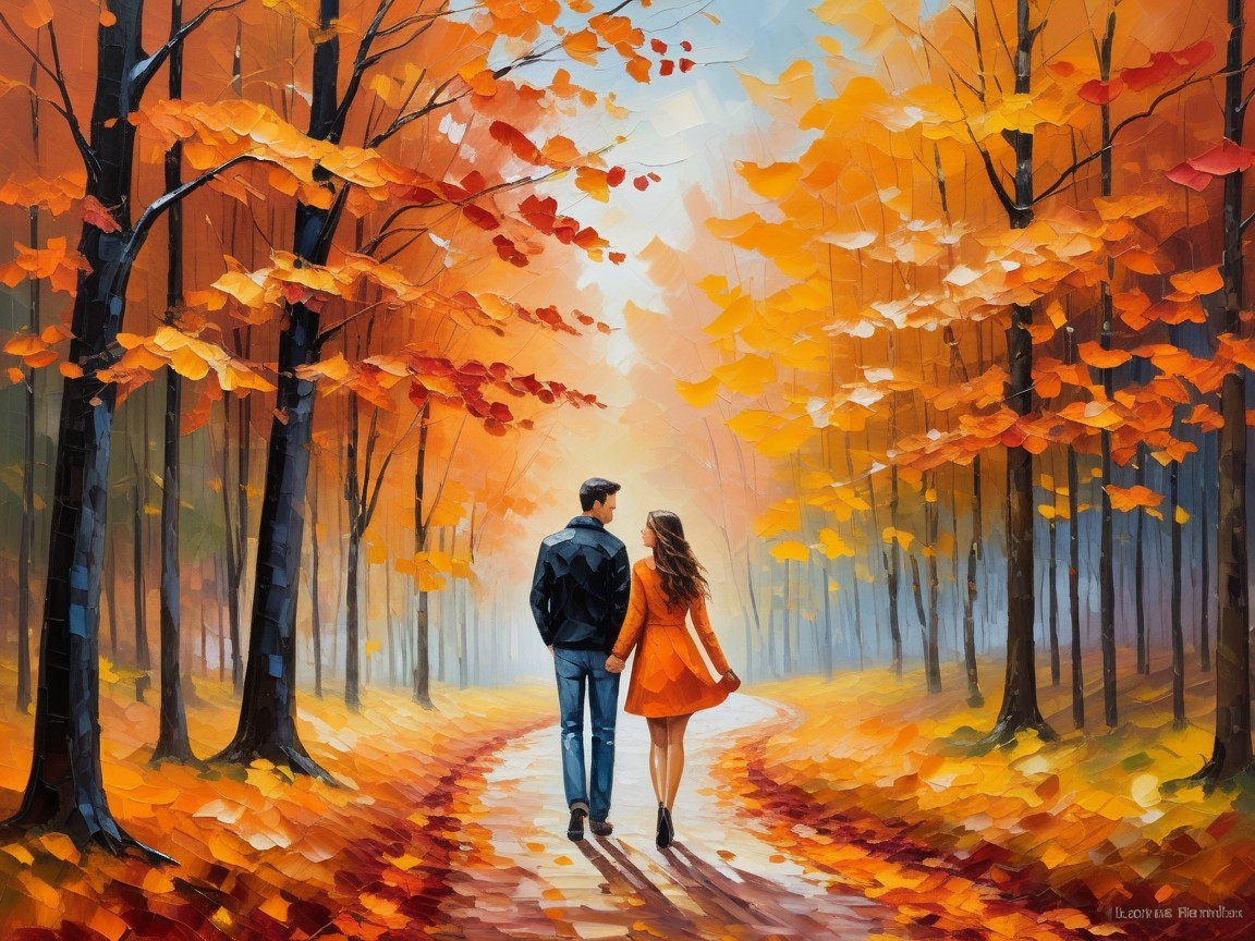 Couple Strolling Through Vibrant Autumn Forest Path