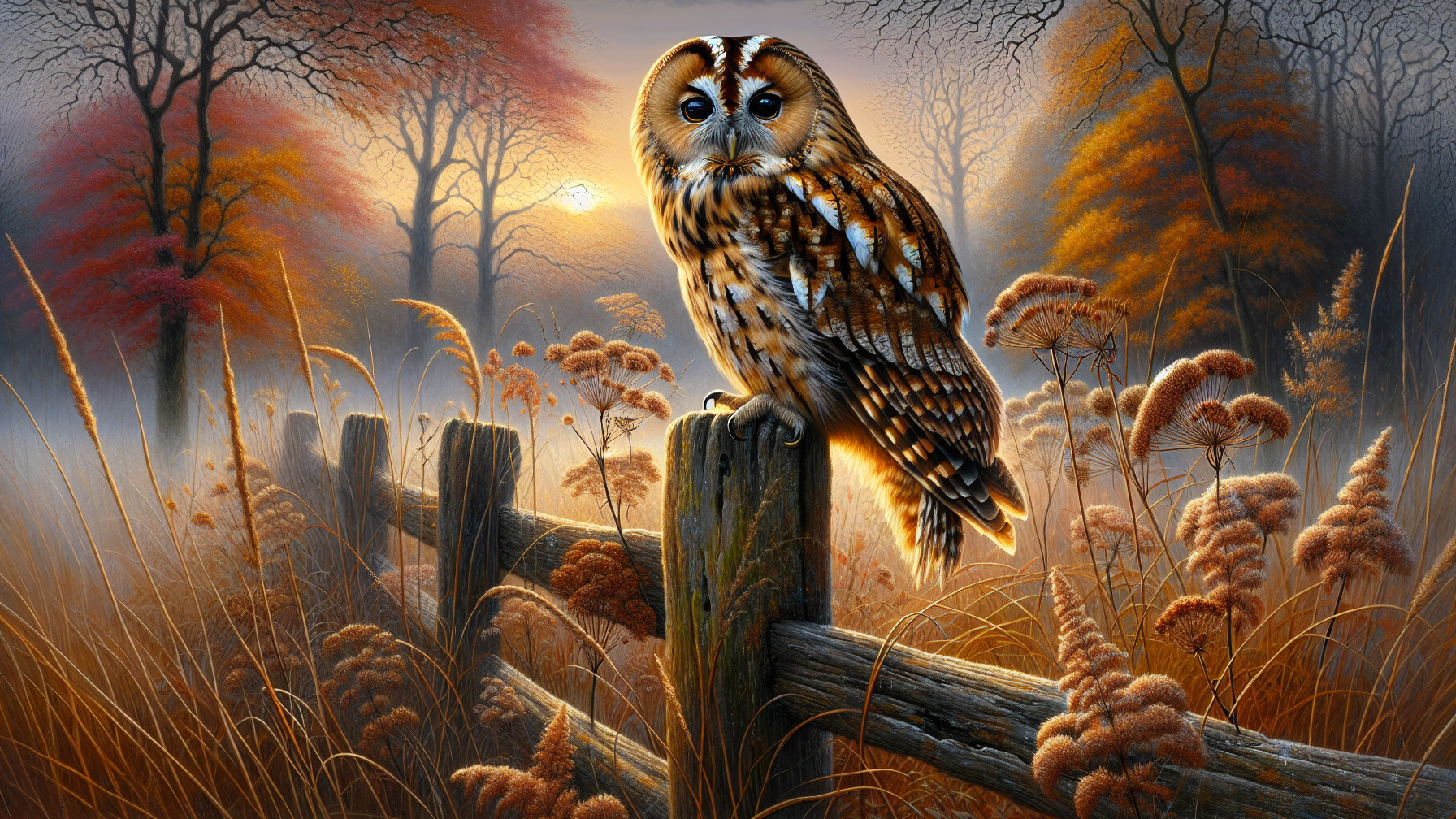 Owl on Wooden Fence in Autumn Landscape at Sunrise