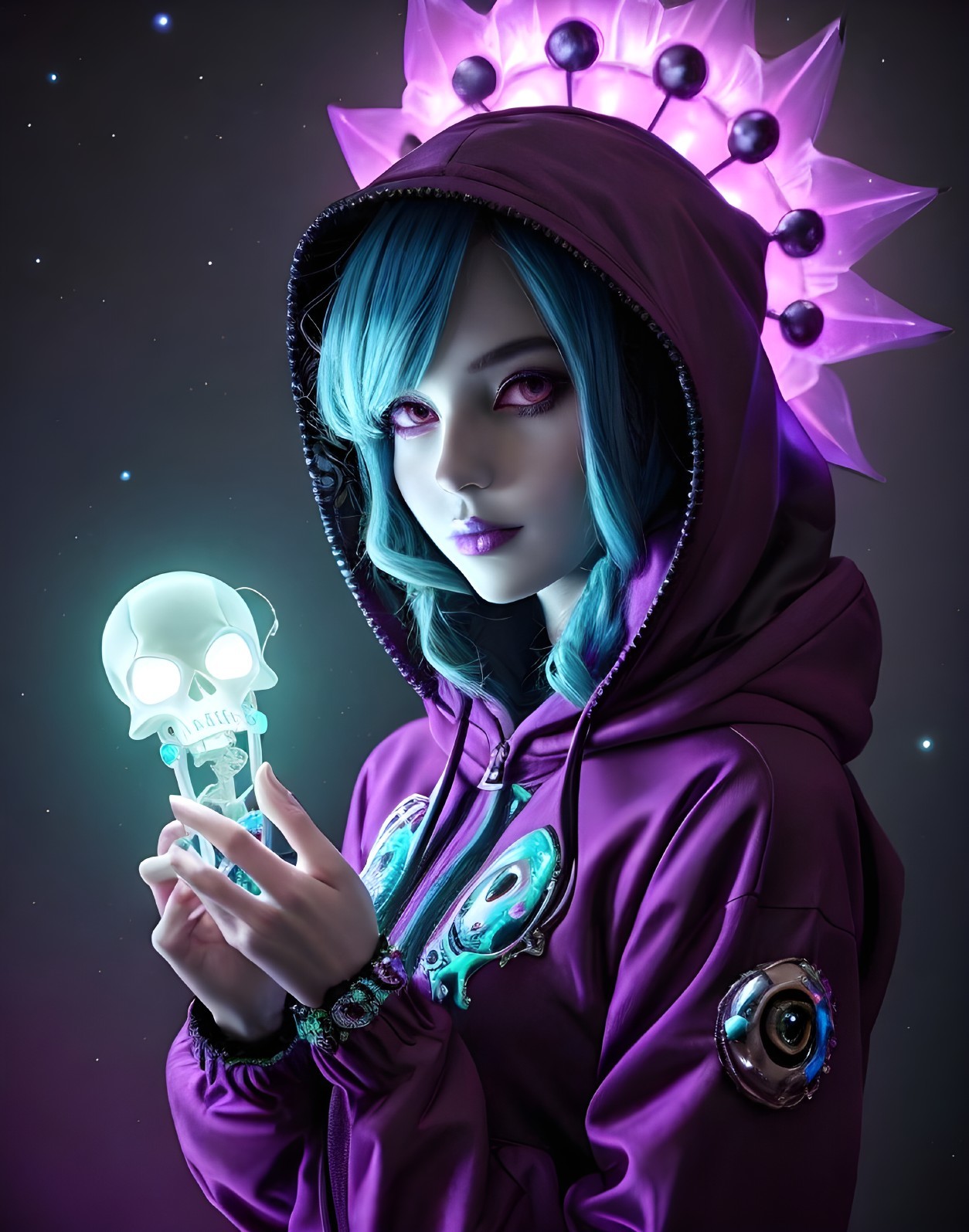 Vibrant Figure in Purple Alien Hoodie with Green Skull