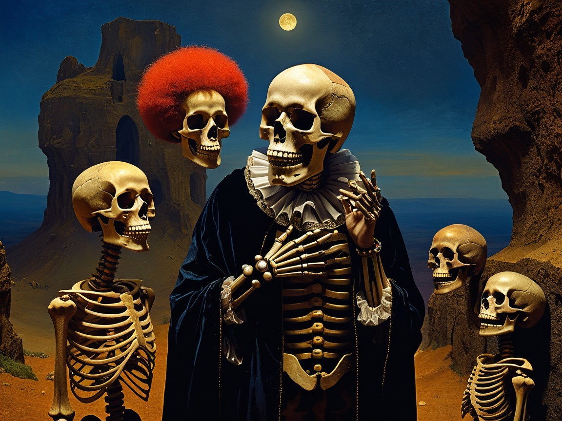 Surreal Skeletons in a Moonlit Desert Landscape