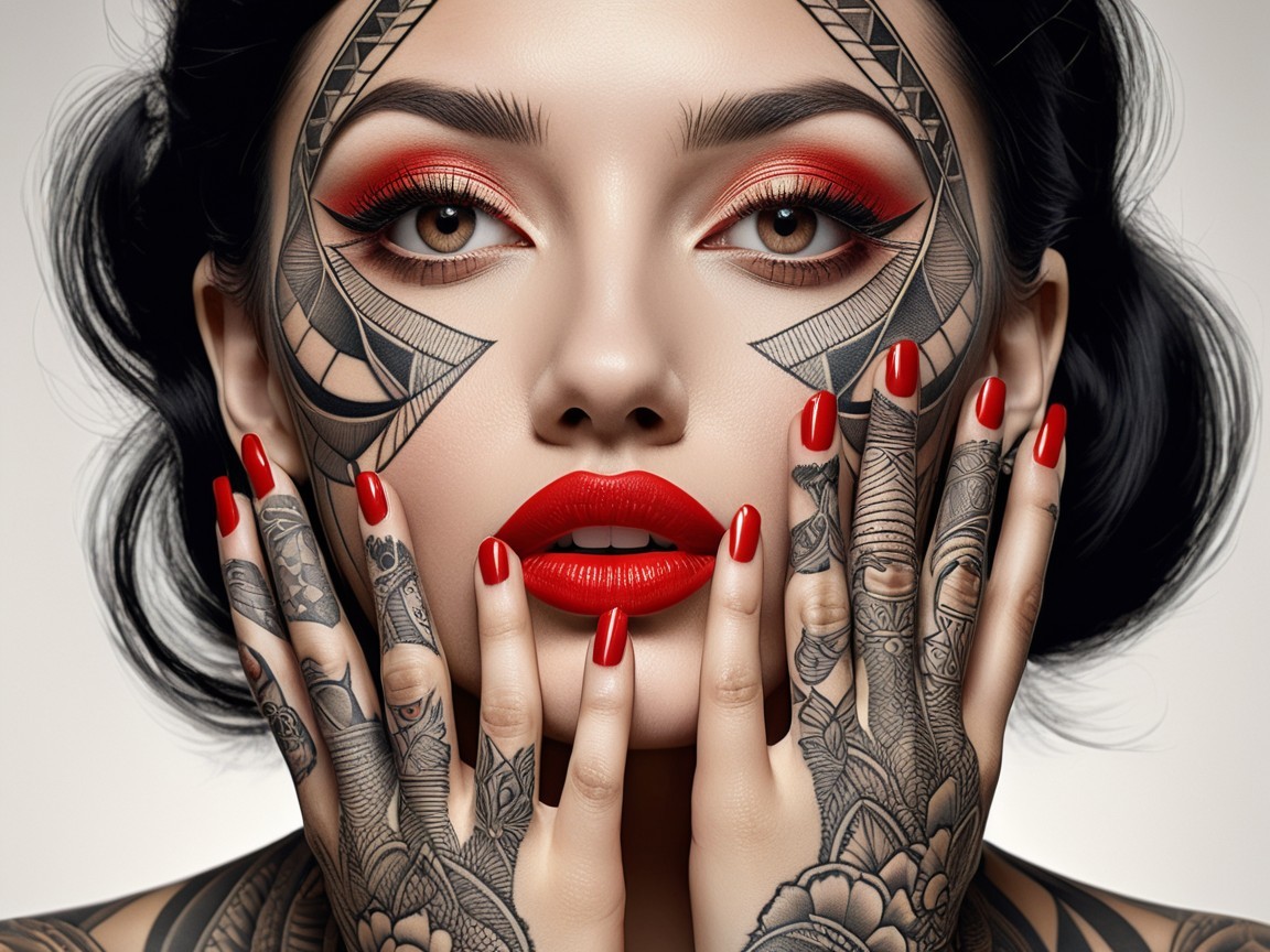 Portrait of a woman with facial tattoos and red makeup