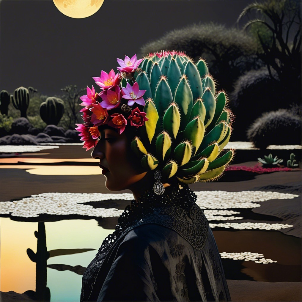 Silhouette of a Woman with Cactus Headpiece at Night