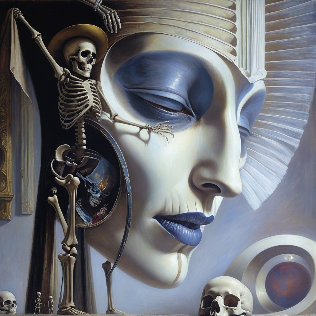 Surreal Artwork with Ethereal Face and Mortality Themes