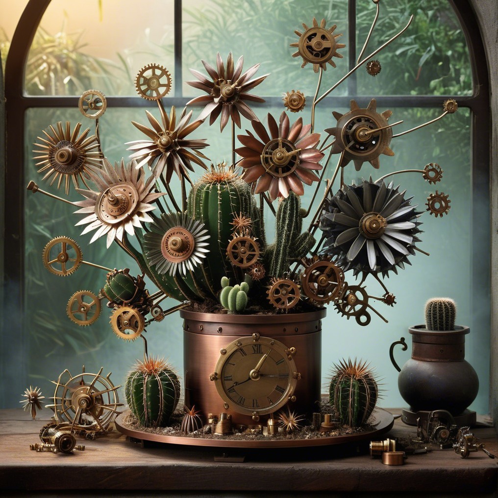 Steampunk Floral Arrangement in Copper Pot with Clock