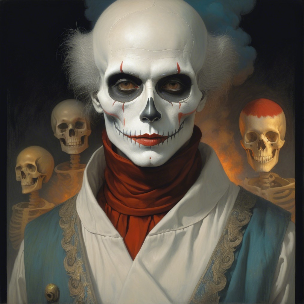 Surreal Figure with White Face and Eerie Skeletons