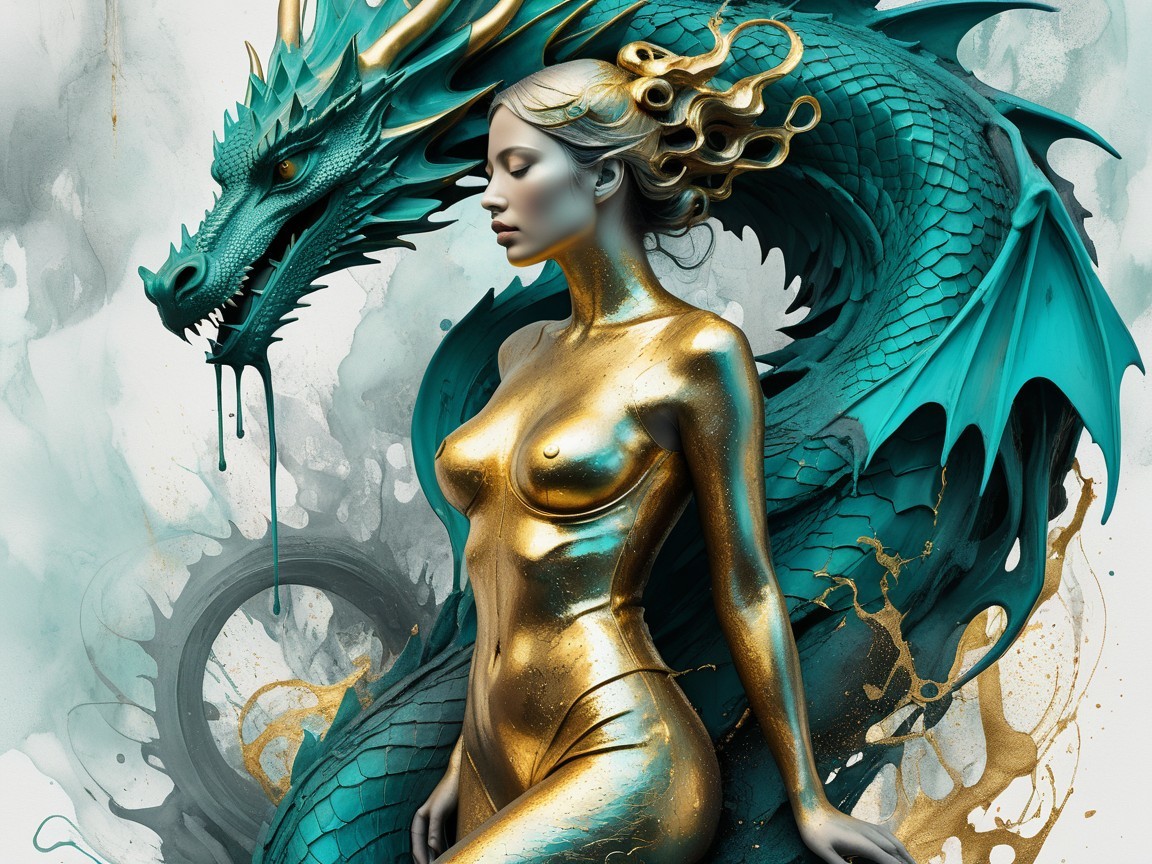 Golden Woman and Turquoise Dragon in Fantasy Art