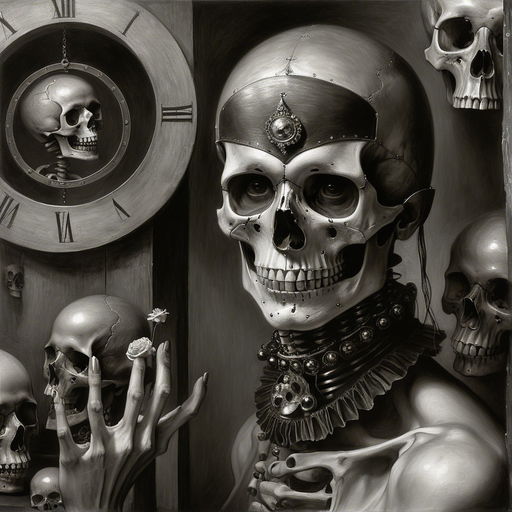 Monochrome Scene of Skull with Jewelry and Flowers