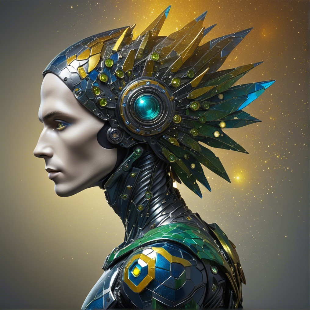 Futuristic humanoid figure with metal and glass design