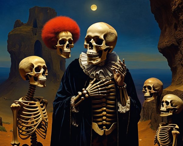 Surreal Skeletons in a Moonlit Desert Landscape