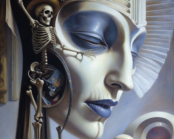 Surreal Artwork with Ethereal Face and Mortality Themes