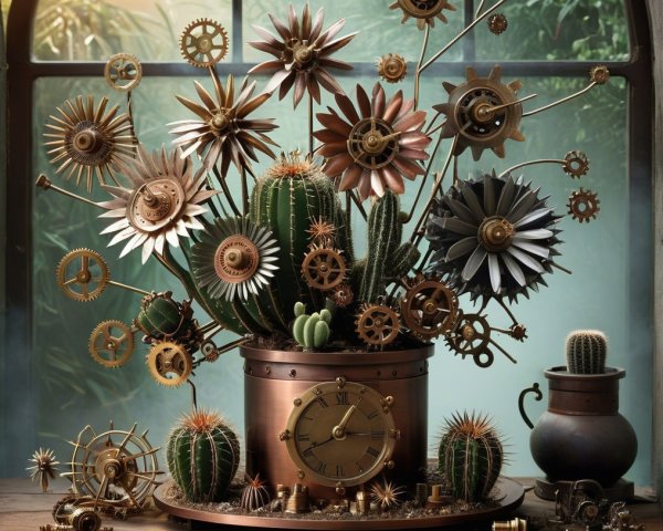 Steampunk Floral Arrangement in Copper Pot with Clock