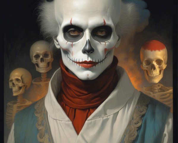 Surreal Figure with White Face and Eerie Skeletons