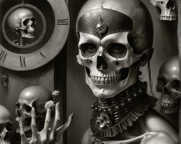 Monochrome Scene of Skull with Jewelry and Flowers
