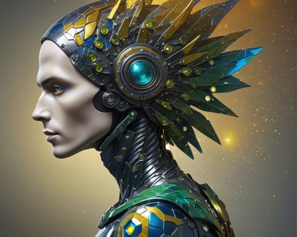 Futuristic humanoid figure with metal and glass design