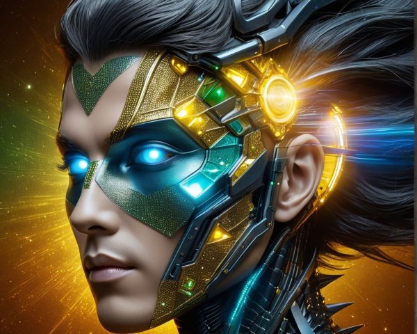 Futuristic character with cybernetic face and cosmic background