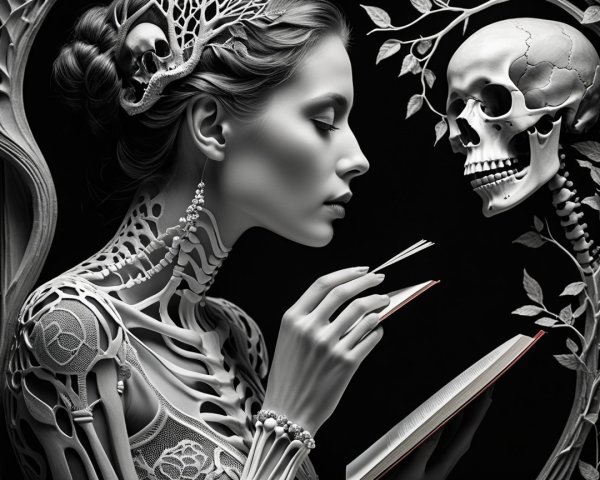 Elegant Figure with Skeletal Patterns and Skull