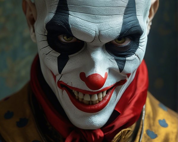Sinister Clown with Detailed Costume and Eerie Atmosphere
