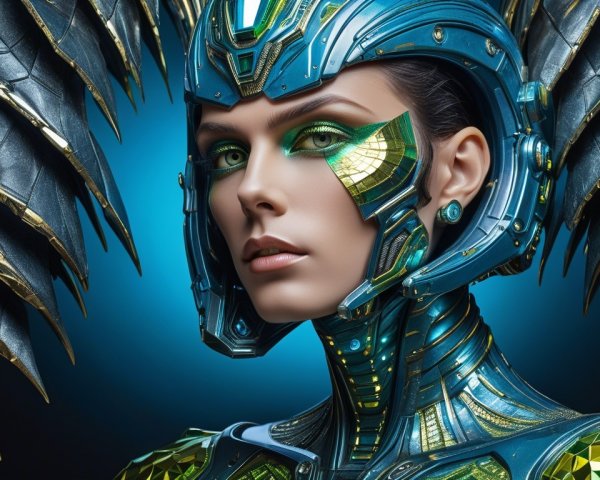 Futuristic Female Figure in Metallic Armor and Wings