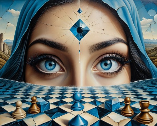 Surreal Artwork of Woman in Cracked Chessboard Landscape