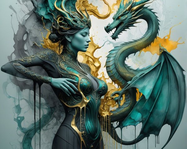 Regal Woman in Gold Armor with Teal Dragon in Fantasy Scene