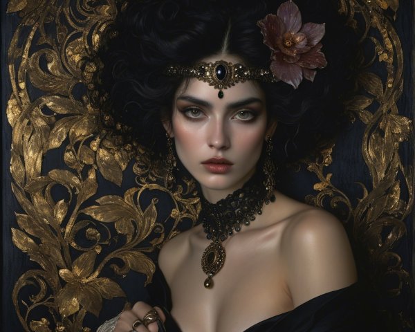 Portrait of a Woman with Floral Patterns and Jewelry