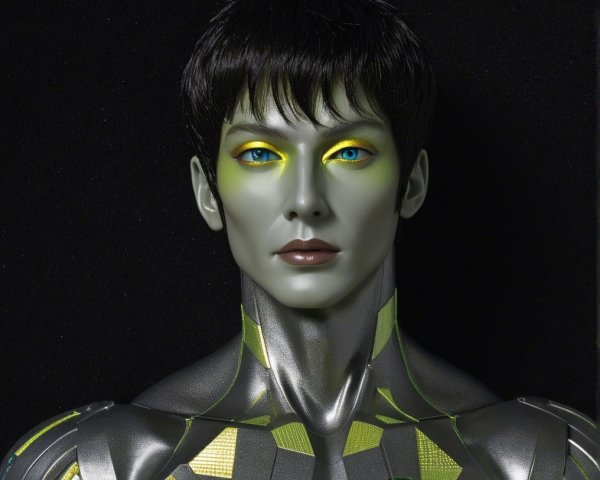 Futuristic humanoid figure with metallic skin and patterns