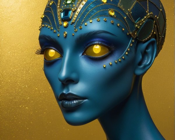 Futuristic Character with Blue Skin and Gold Accents