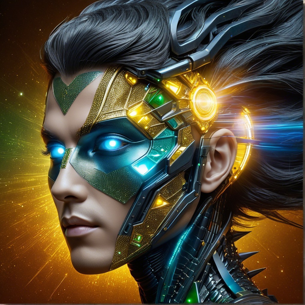 Futuristic character with cybernetic face and cosmic background