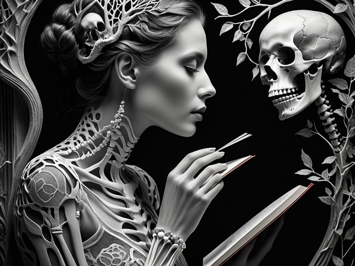 Elegant Figure with Skeletal Patterns and Skull