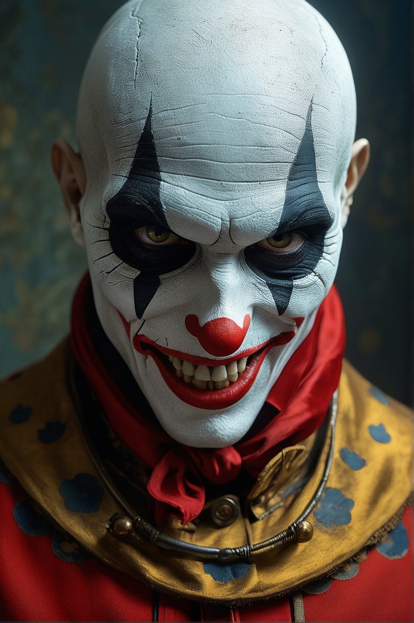 Sinister Clown with Detailed Costume and Eerie Atmosphere
