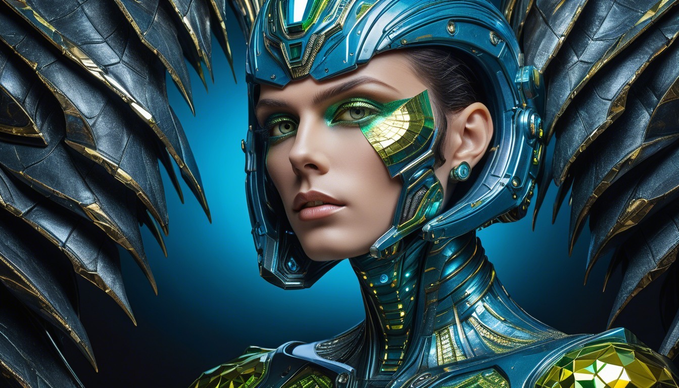 Futuristic Female Figure in Metallic Armor and Wings