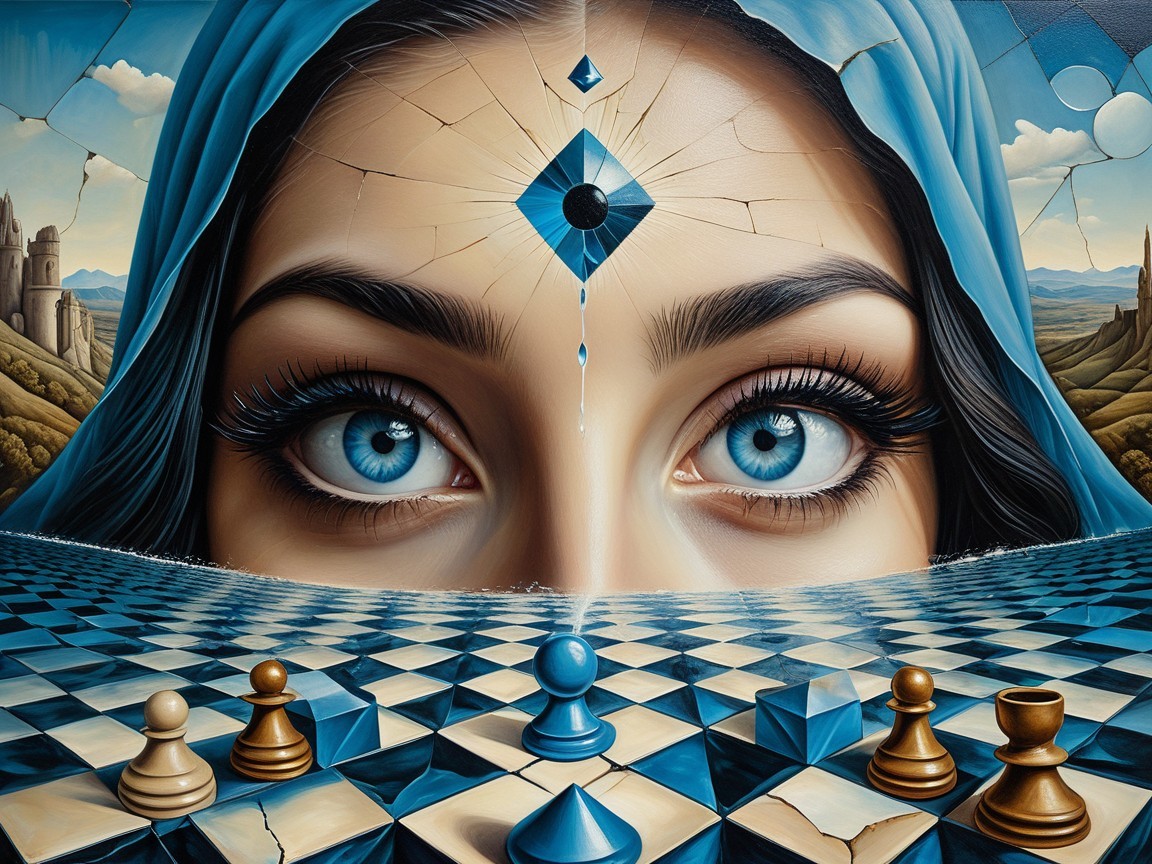 Surreal Artwork of Woman in Cracked Chessboard Landscape