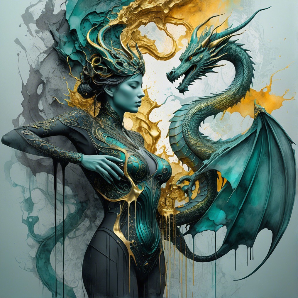 Regal Woman in Gold Armor with Teal Dragon in Fantasy Scene