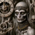 Monochrome Scene of Skull with Jewelry and Flowers